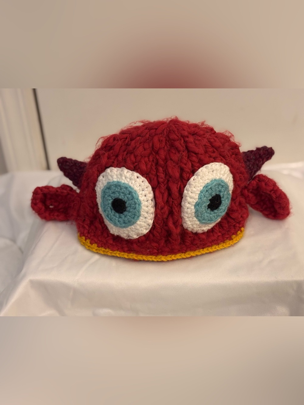 Knotty Kid Red Crochet Monster Beanie with Blue Eye Accents